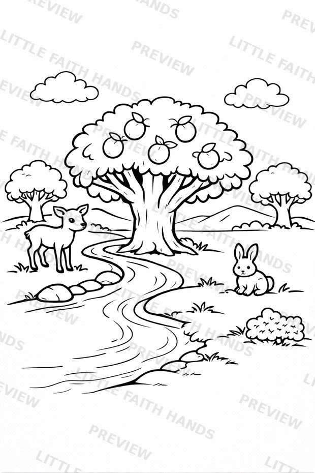 The Garden of Eden with a deer and rabbit by a winding stream