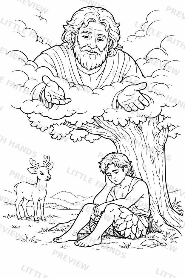 God reaching down from the clouds to Adam, who sits sadly under a tree