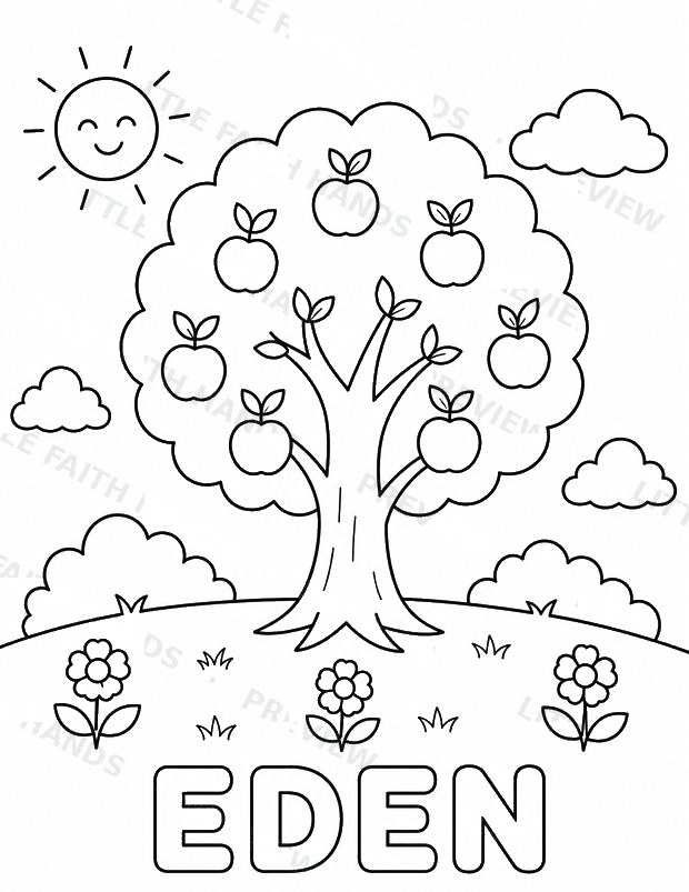 EDEN word coloring page with a fruit tree