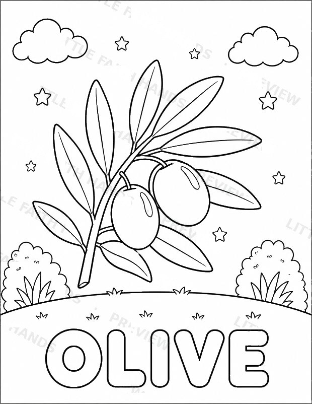 OLIVE word coloring page with an olive branch