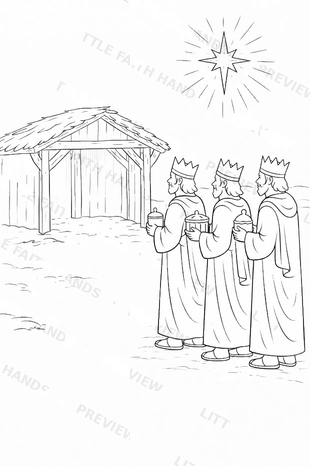 Three Wise Men following the star to the stable