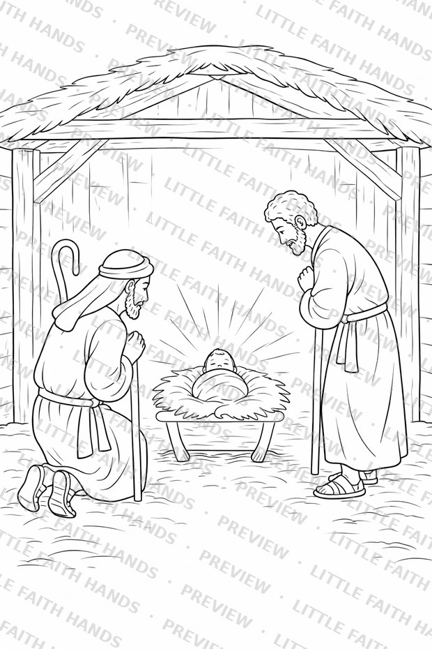 Shepherds kneeling beside the manger with baby Jesus glowing with light
