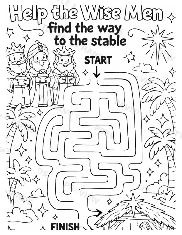 Help-the-wise-men maze activity page to the stable