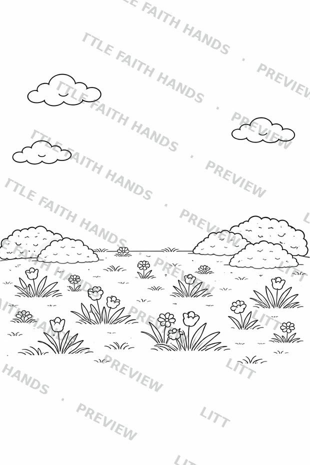 Green fields and flowers on the third day of creation