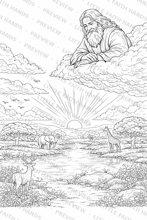 God looking down from the clouds over the elephant, giraffe, and deer He created