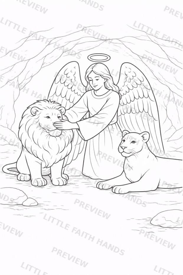 An angel protecting Daniel among the lions in the den