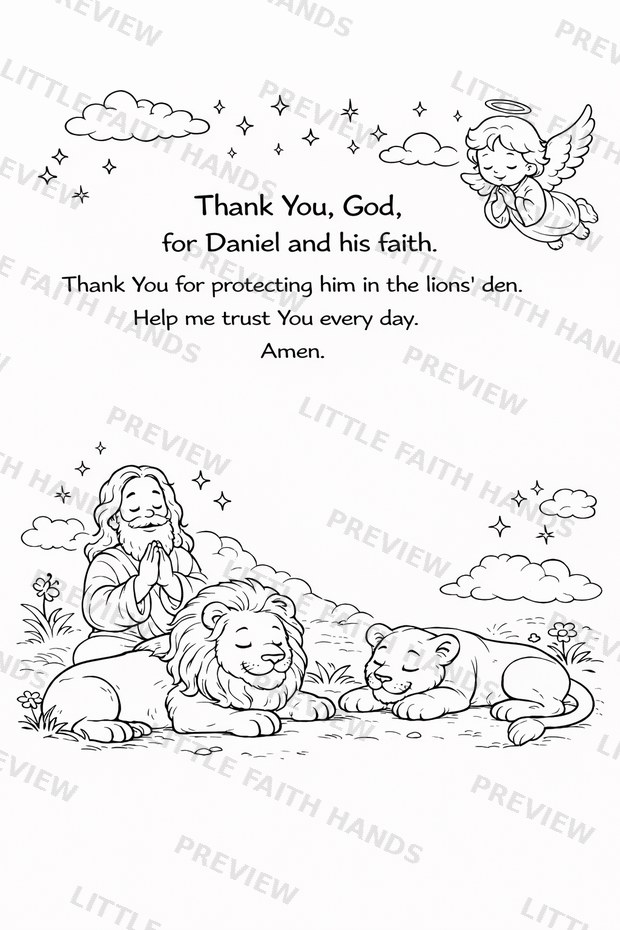 Daniel kneeling in prayer beside the lions, with an angel above