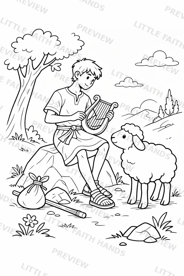 David playing the harp on a rock while his sheep rests nearby