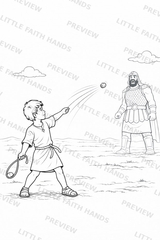 David swinging his sling at Goliath, who stands in the distance