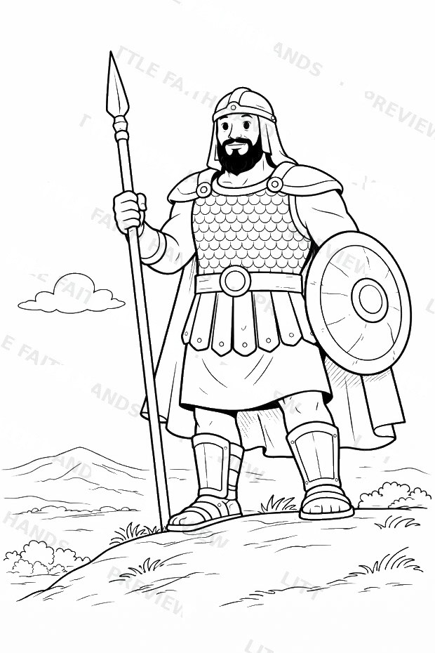Goliath standing in armor with spear and shield coloring page