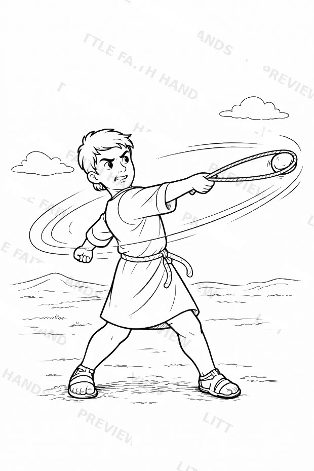David swinging his sling at Goliath coloring page