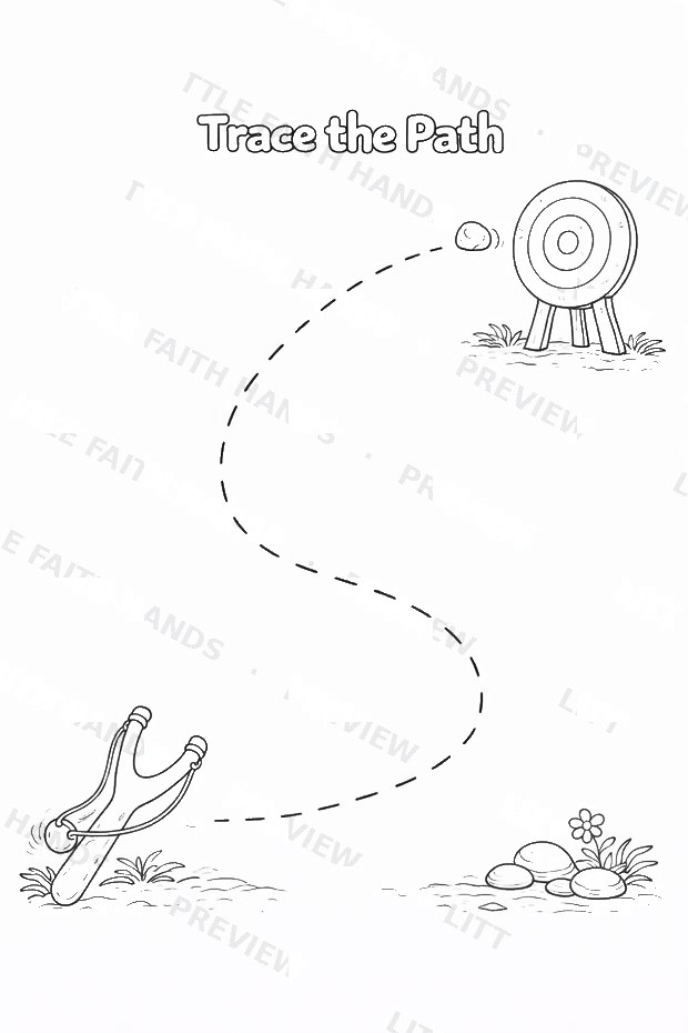 Trace-the-path sling activity page from the David and Goliath book
