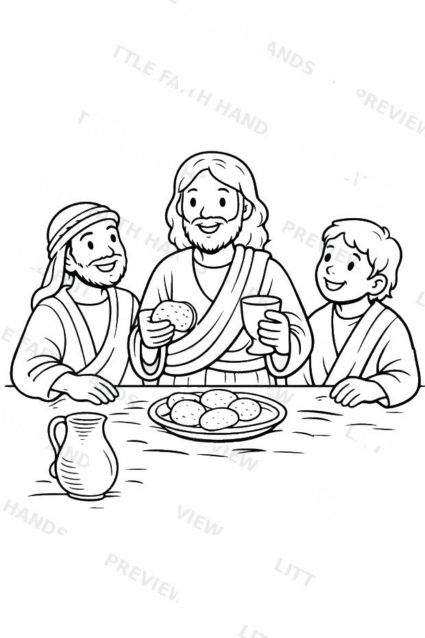 Jesus sharing a meal with two disciples coloring page