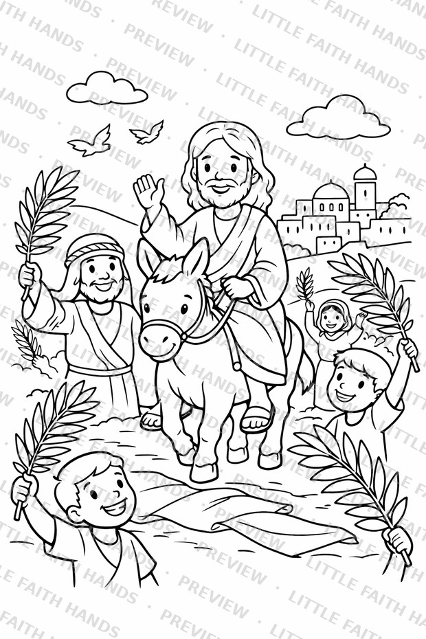 Jesus riding a donkey into Jerusalem as children wave palm branches