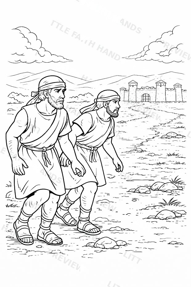 Joshua pointing toward the walls of Jericho coloring page