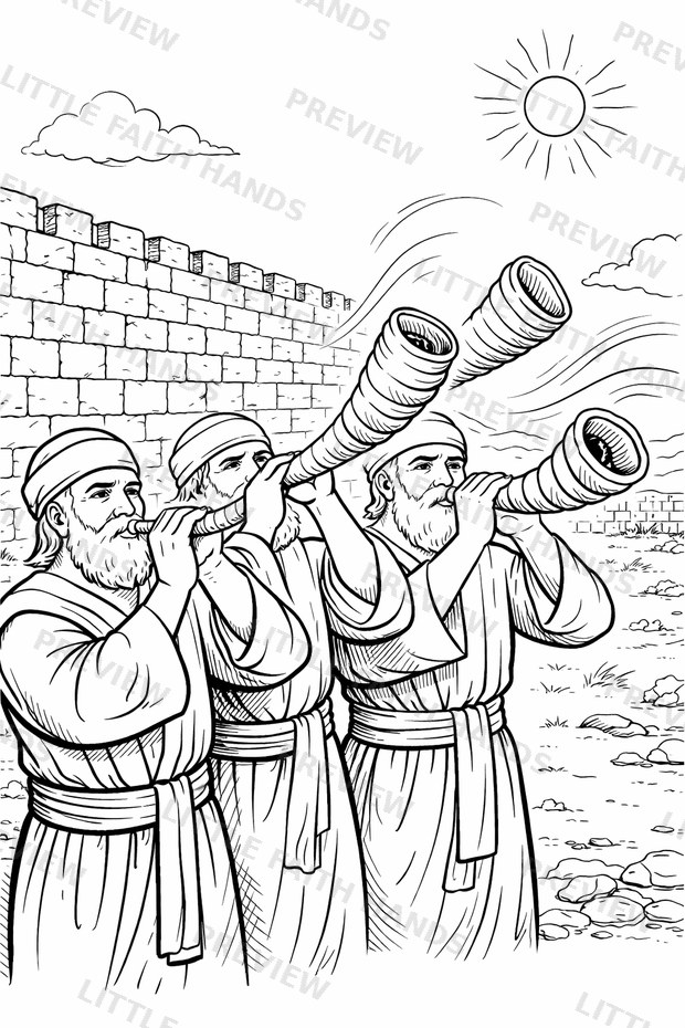 Priests blowing trumpets beside the walls of Jericho
