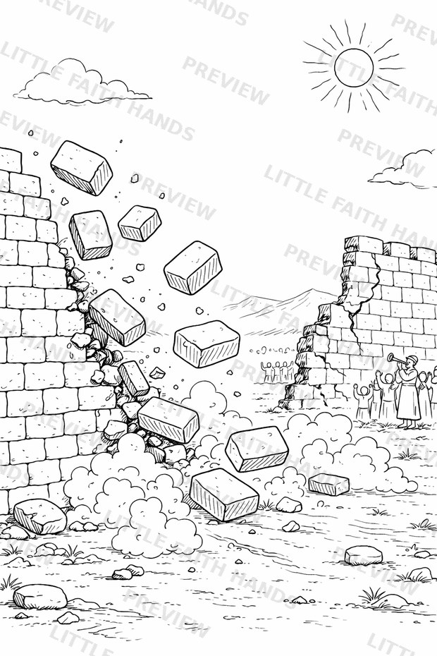 The walls of Jericho crumbling as the people shout with joy