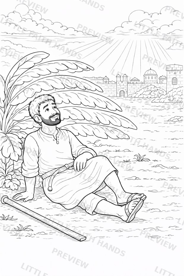 Jonah resting under a large plant with the city of Nineveh in the background