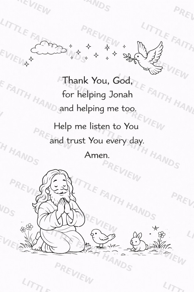 A closing prayer page thanking God for helping Jonah