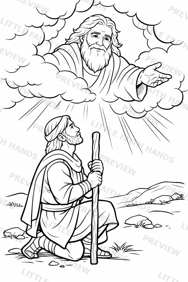 God speaking to Joshua from the clouds, who kneels with his staff