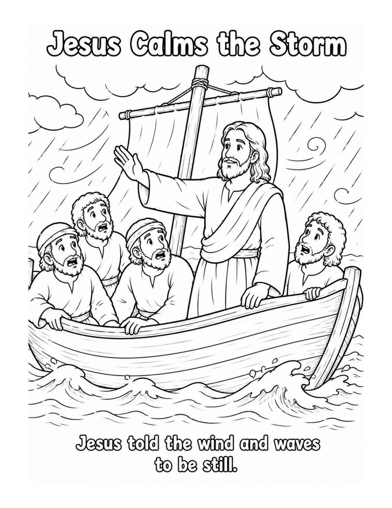 Jesus calming the storm on the lake with his disciples coloring page