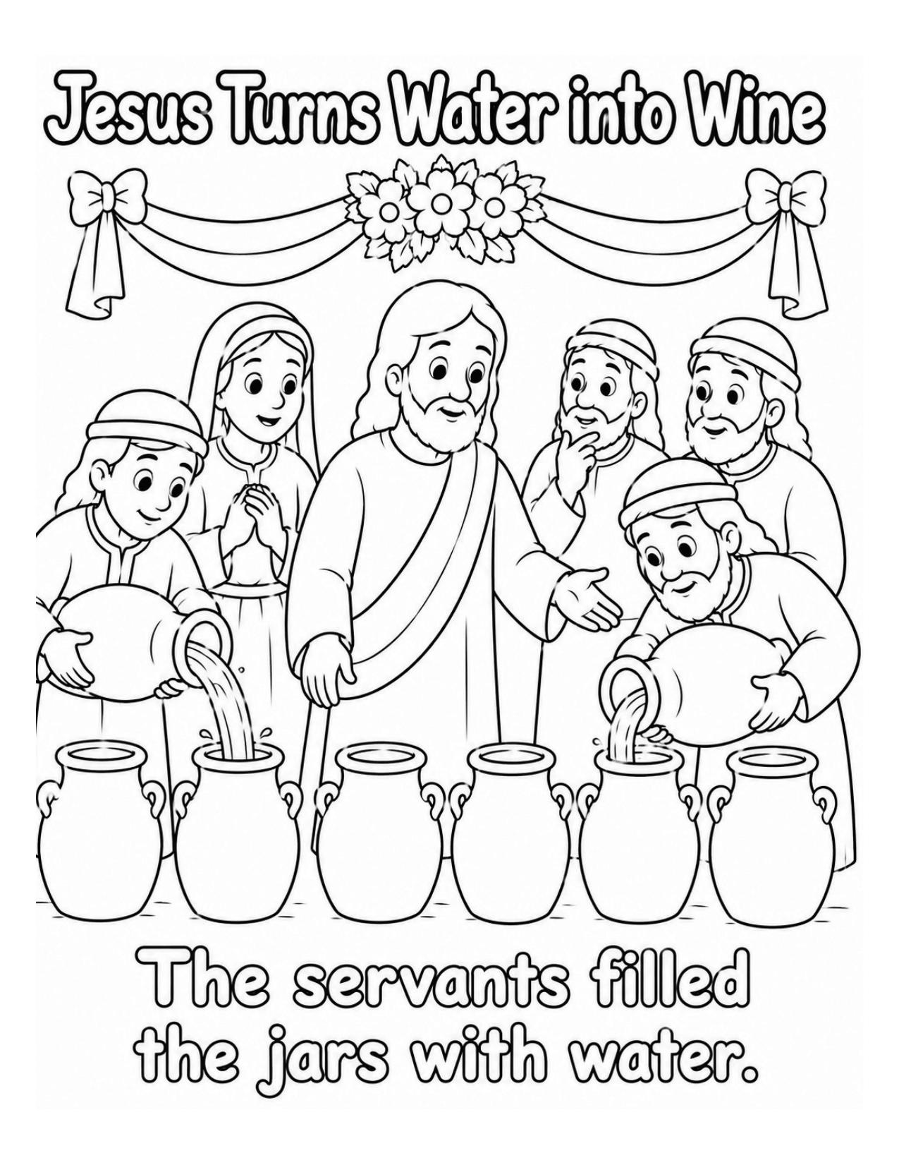 Jesus turning water into wine at the wedding in Cana coloring page