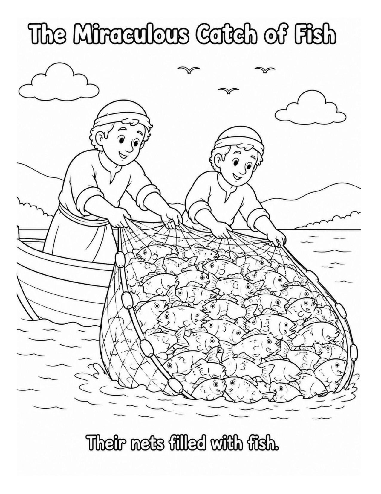 Fishermen pulling a miraculous catch of fish into their boat coloring page