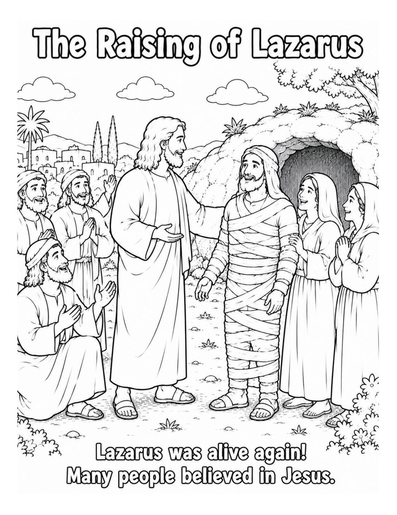 Jesus calling Lazarus out of the tomb coloring page
