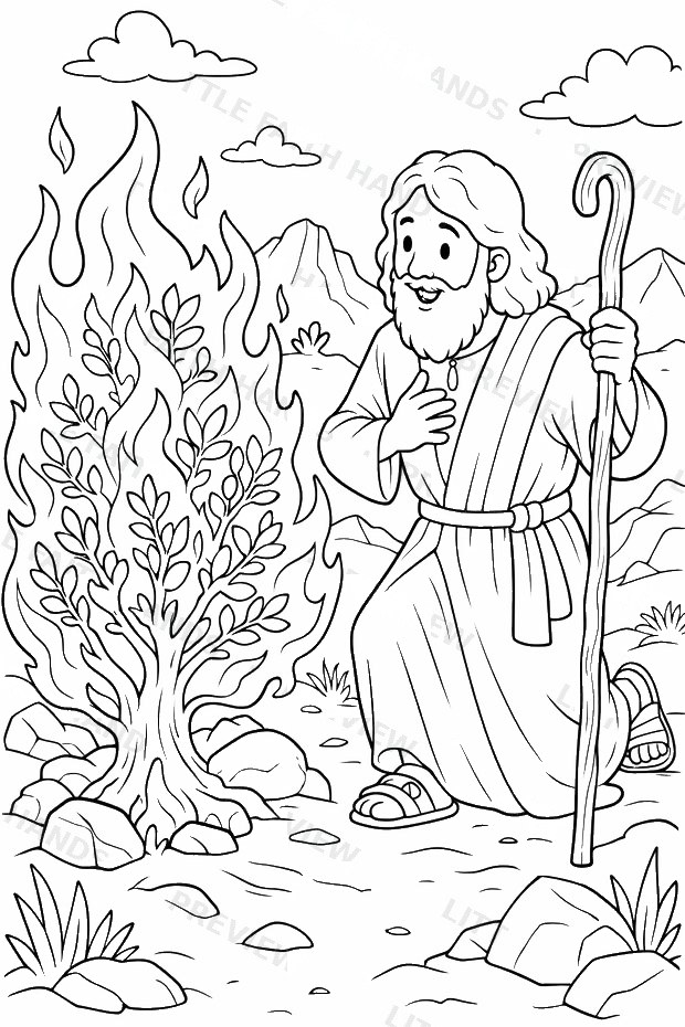 Moses kneeling before the burning bush in the desert