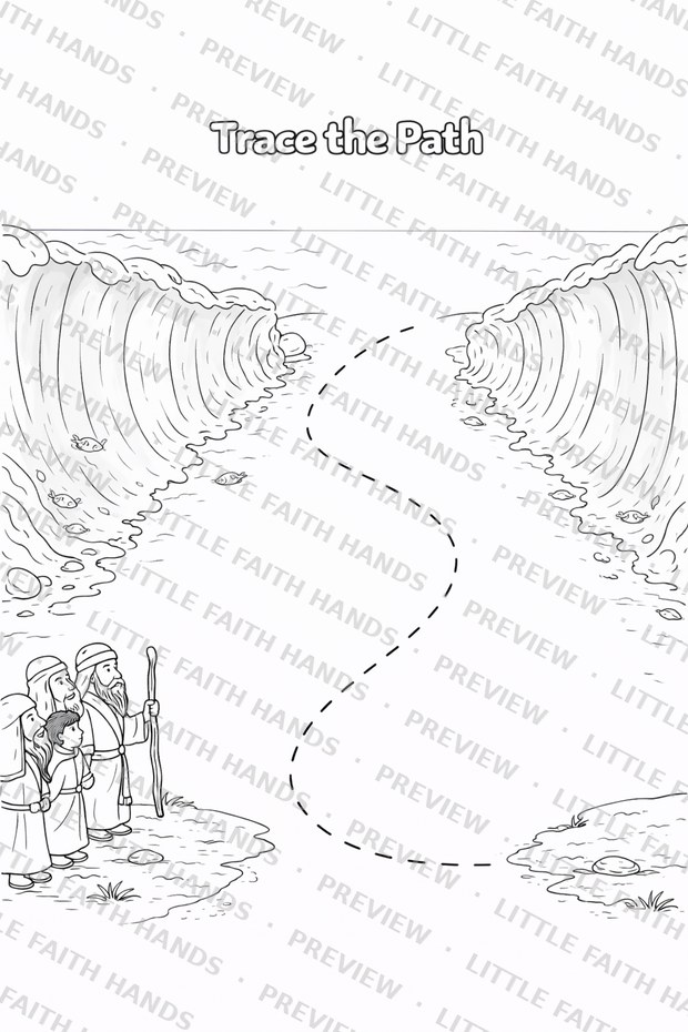 Moses and his family looking at the Red Sea parting into two walls of water