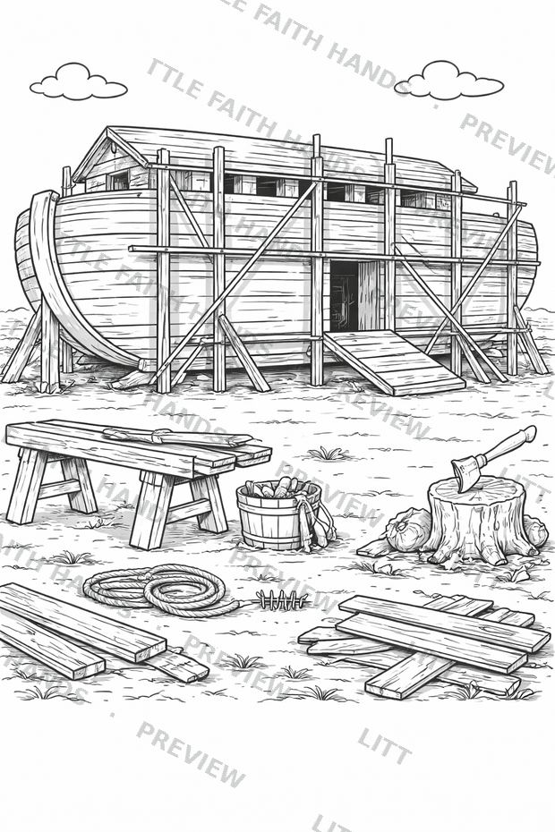 Noah and his sons building the wooden ark on a scaffold with tools nearby