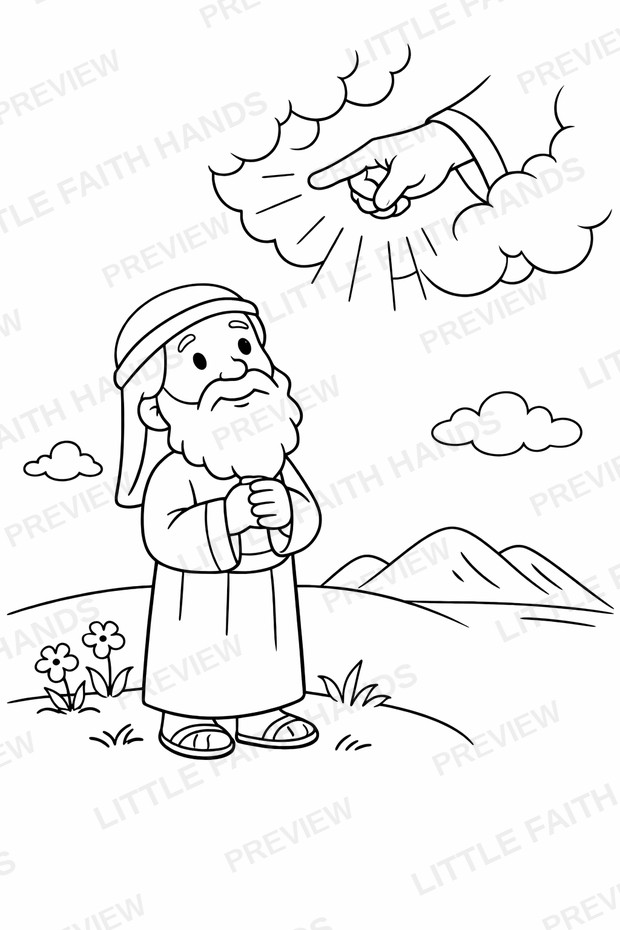 Noah listening to God's command, with God's hand reaching down from the clouds