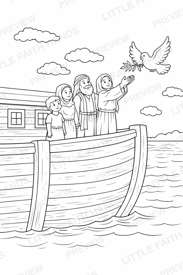 A dove returning to Noah's family on the ark with an olive leaf in its beak