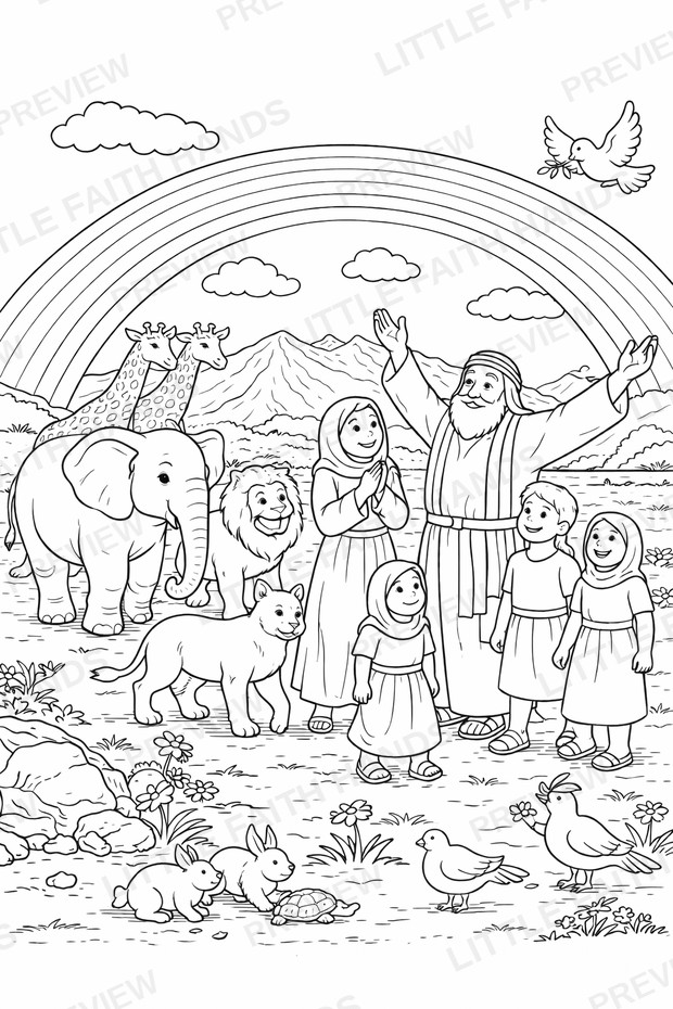 Noah, his family, and the animals standing beneath a rainbow after the flood
