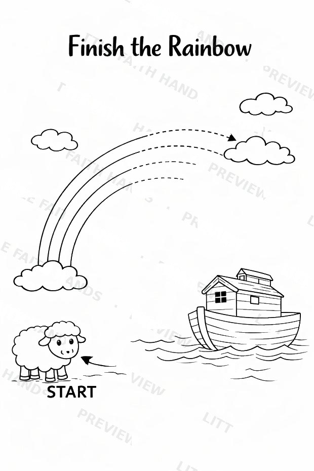 Finish-the-rainbow maze activity page from the Noah’s Ark book