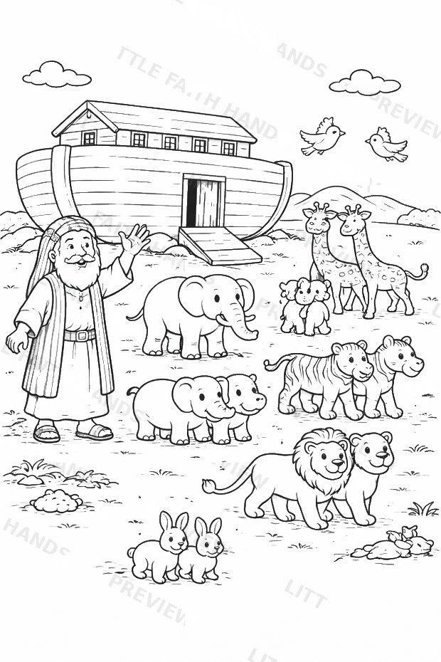 Preview of the free Noah's Ark coloring page showing Noah welcoming the animals