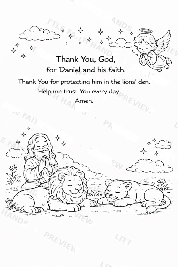 Prayer page thanking God for Daniel’s faith, with two lions