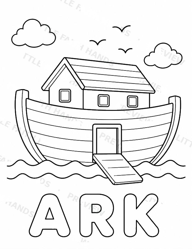 ARK word coloring page with a Noah’s ark illustration