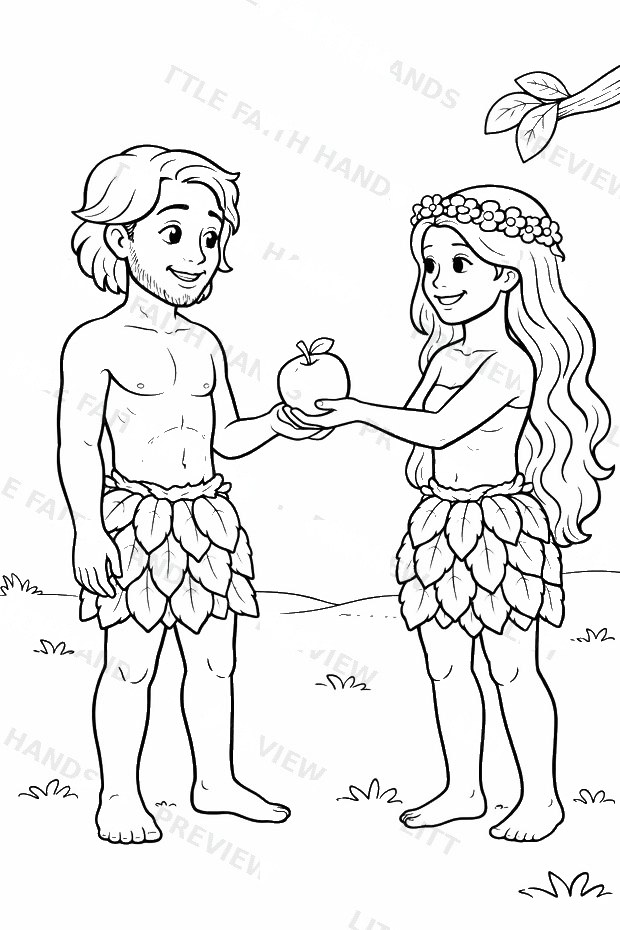 Adam and Eve exchanging the apple in the Garden of Eden coloring page