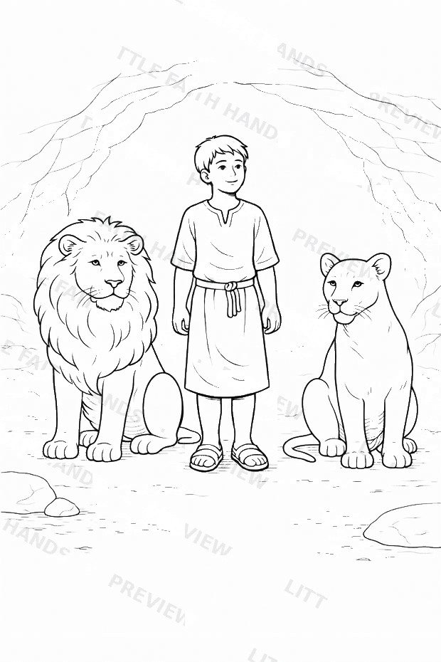 Daniel standing calmly with two lions coloring page