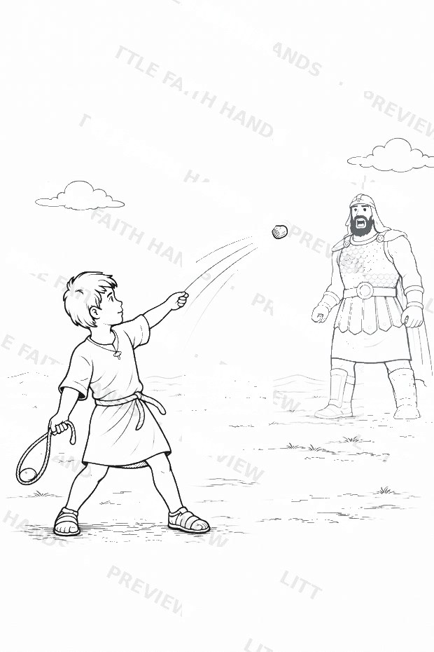 David facing Goliath with his sling coloring page