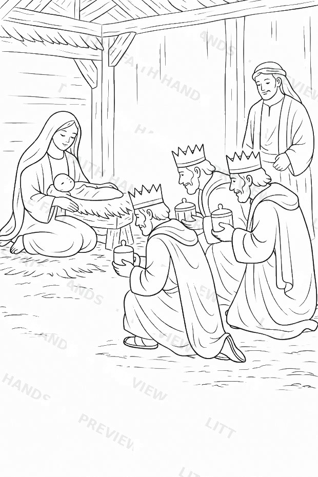 Wise men presenting gifts at the Nativity coloring page