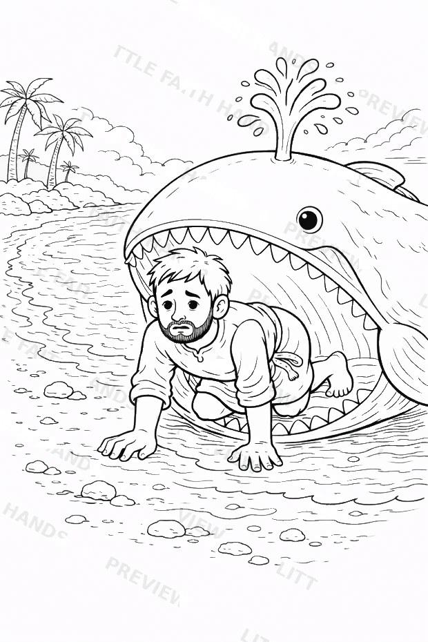 Jonah inside the great fish’s mouth coloring page