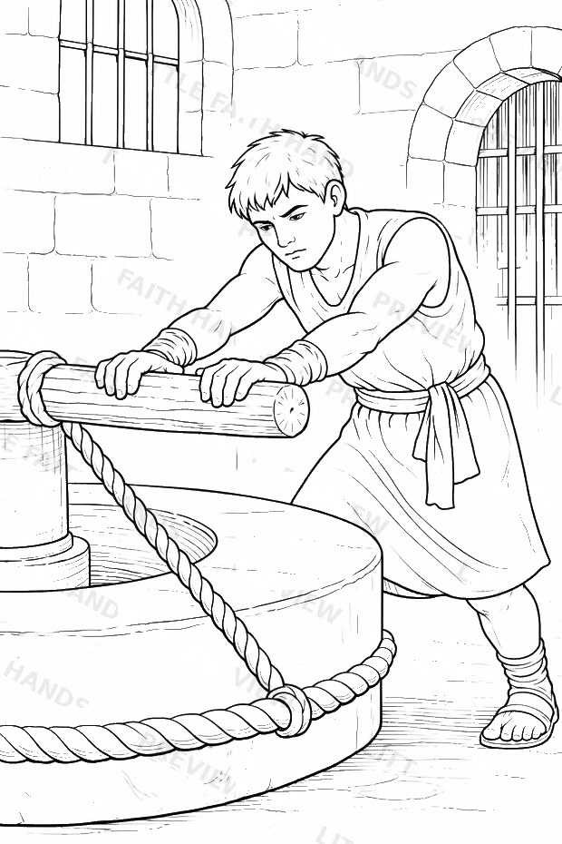 Samson grinding grain as a prisoner in Gaza