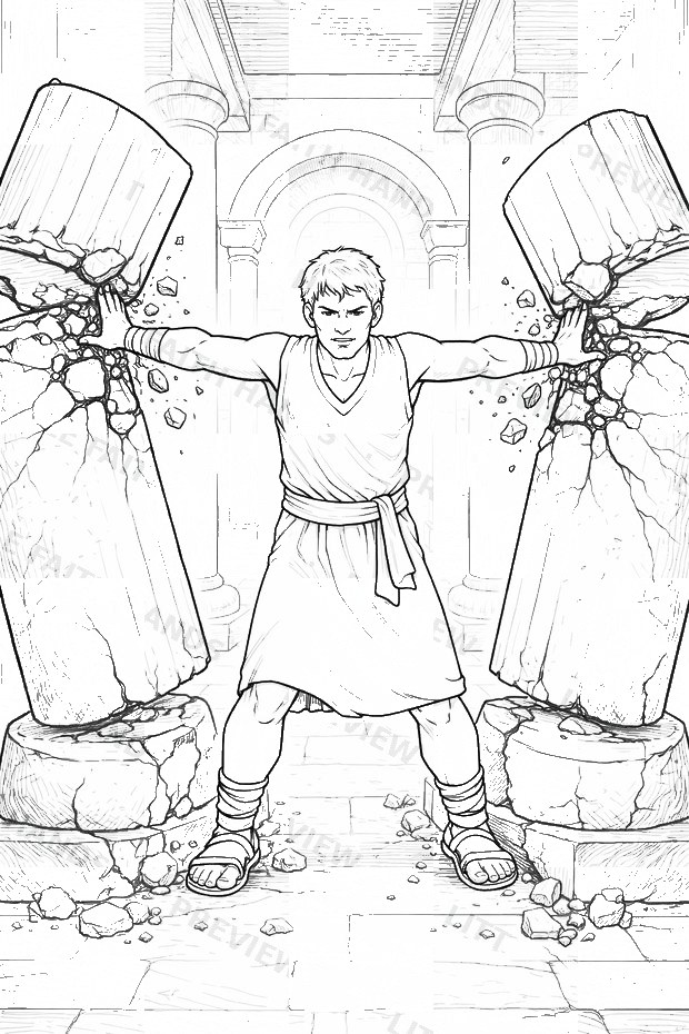 Samson pushing apart the temple pillars with his restored strength