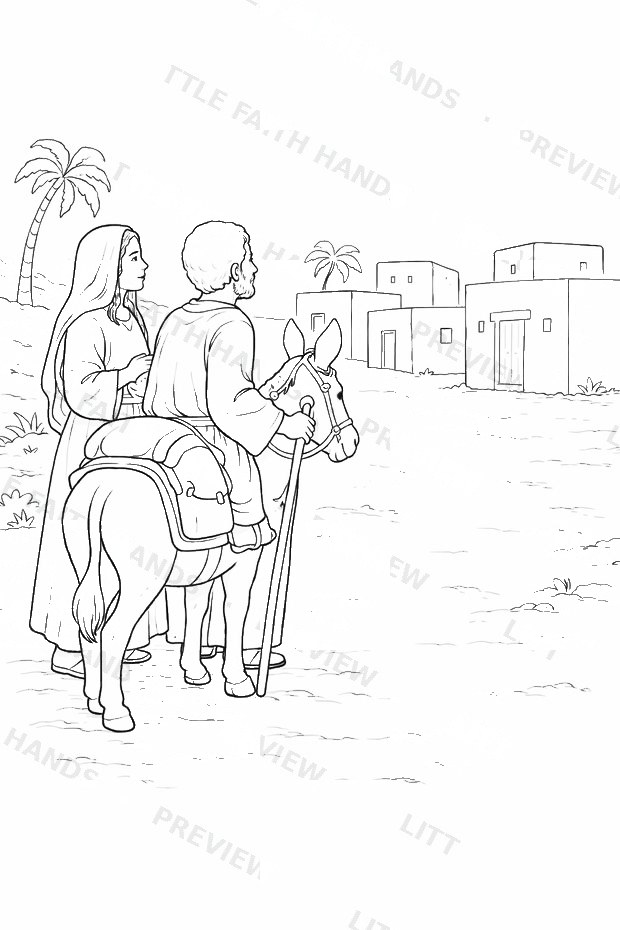 Mary and Joseph traveling by donkey on the road to Bethlehem