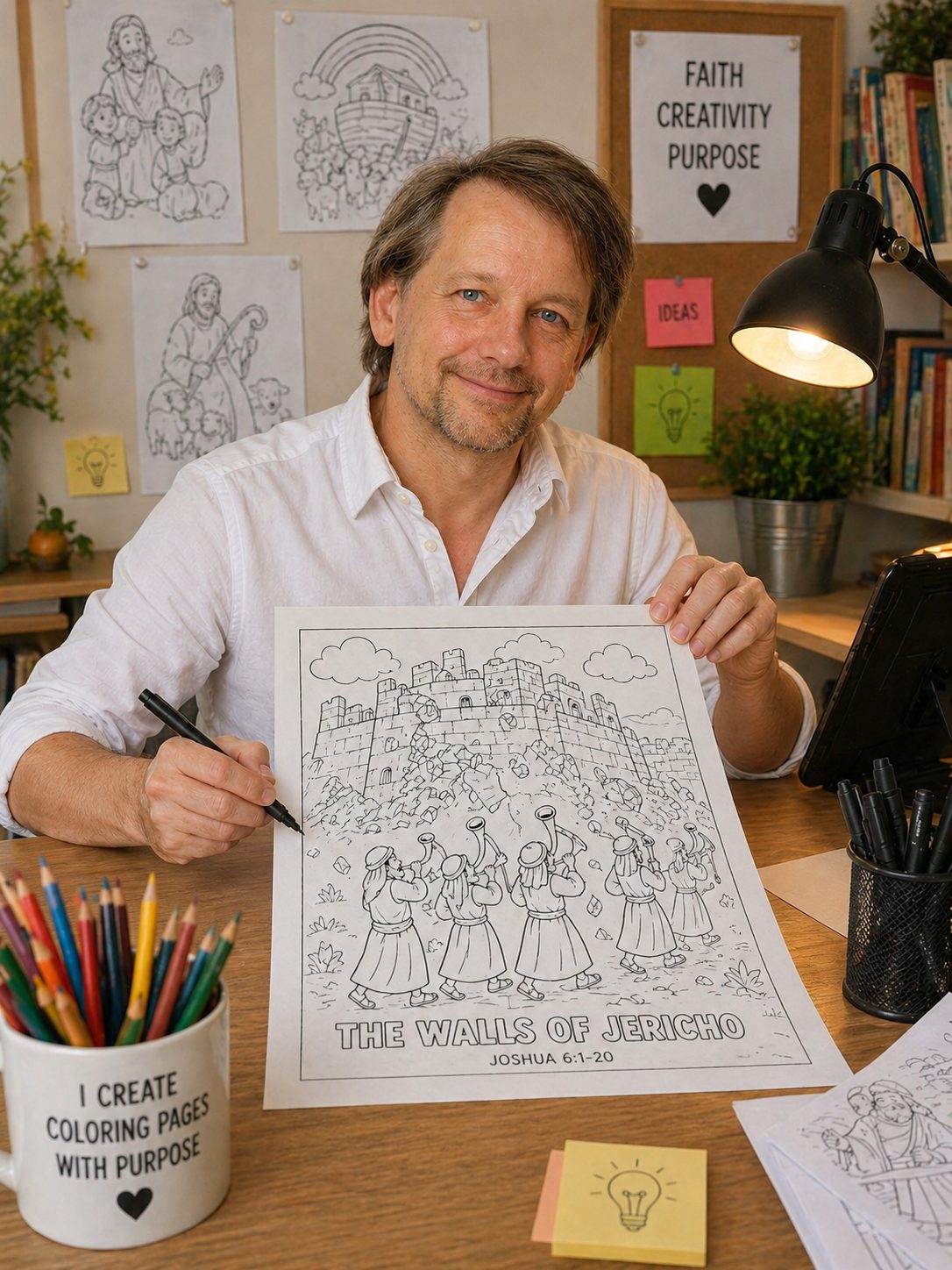 Rafal holding a finished coloring page