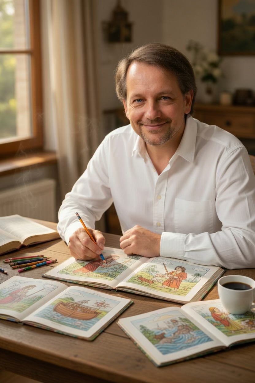 Rafal coloring with a warm cup of coffee